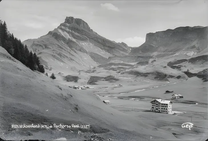 Roselend et le Rocher du Vent avec l’hôtel Coutter au premier plan en septembre 1937