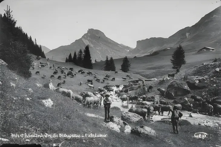 Troupeau à l’abreuvoir dans la vallée de Roselend en 1937 (2)