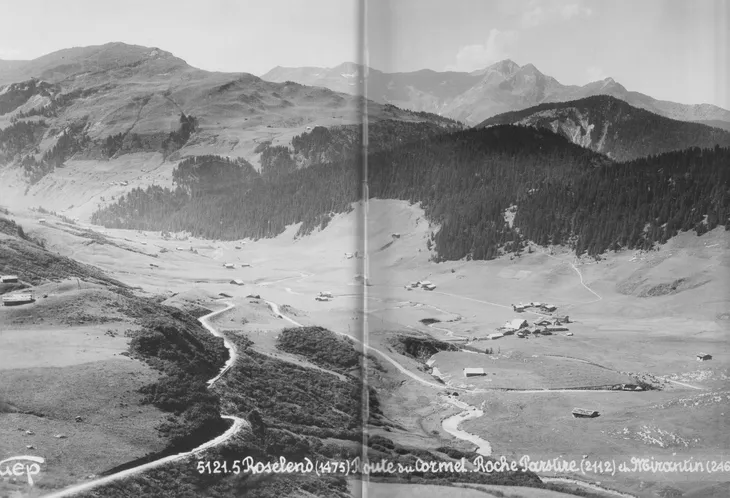 La vallée de Roselend vue depuis la route du cormet, on peut y voir la Roche Parstire et le Mirantin en 1937.